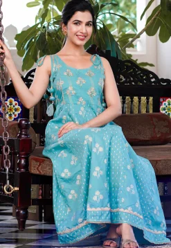 Printed Pure Cotton Maxi Dress in Light Teal Blue