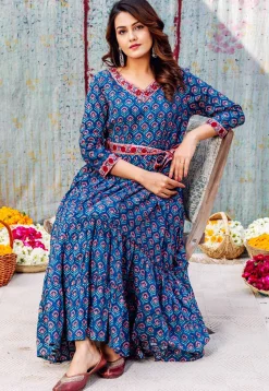 Printed Pure Cotton Maxi Dress in Royal Blue