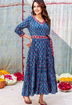 Printed Pure Cotton Maxi Dress in Royal Blue