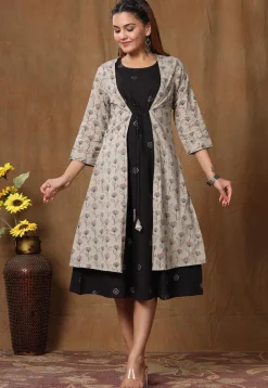Printed Pure Cotton Midi Dress with Jacket in Black