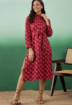 Printed Pure Cotton Midi Dress in Red