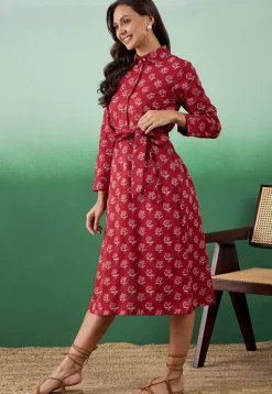 Printed Pure Cotton Midi Dress in Red