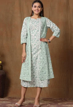 Printed Pure Cotton Midi Dress in Off White