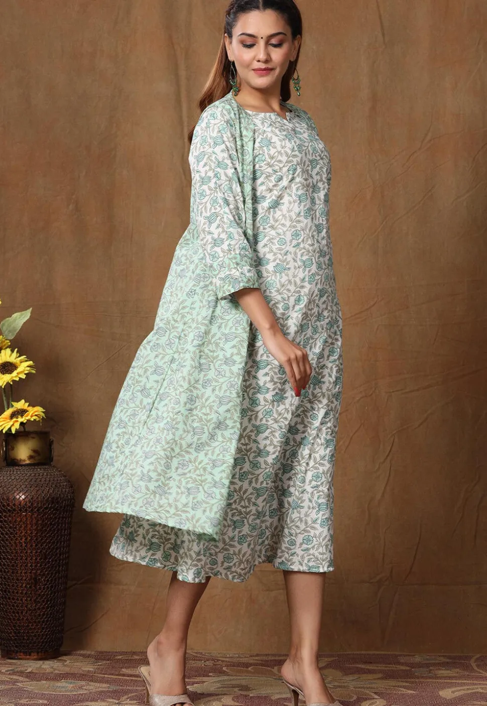 Printed Pure Cotton Midi Dress in Off White