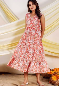Printed Pure Cotton Midi Dress in White