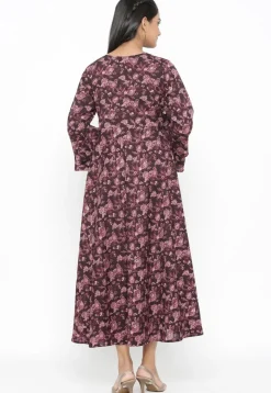 Printed Pure Cotton Midi Dress in Wine