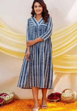 Printed Pure Cotton Midi Dress in Blue