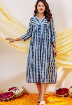 Printed Pure Cotton Midi Dress in Blue