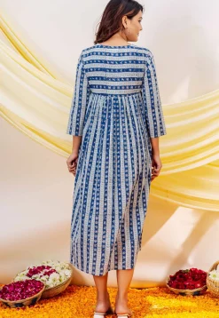 Printed Pure Cotton Midi Dress in Blue