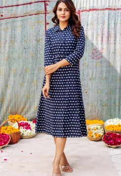 Printed Pure Cotton Midi Dress in Dark Blue