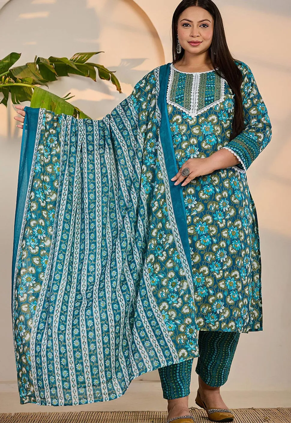 Printed Pure Cotton Pakistani Suit in Turquoise