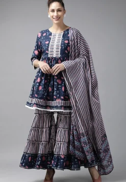 Printed Pure Cotton Pakistani Suit in Navy Blue