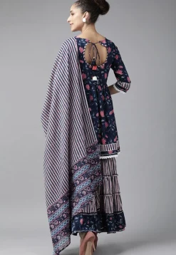 Printed Pure Cotton Pakistani Suit in Navy Blue