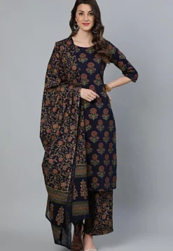 Printed Pure Cotton Pakistani Suit in Dark Blue