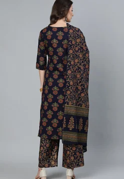 Printed Pure Cotton Pakistani Suit in Dark Blue