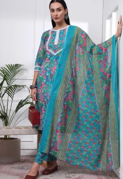 Printed Pure Cotton Pakistani Suit in Blue