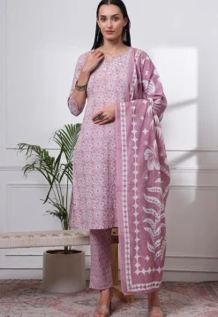 Printed Pure Cotton Pakistani Suit in Light Purple