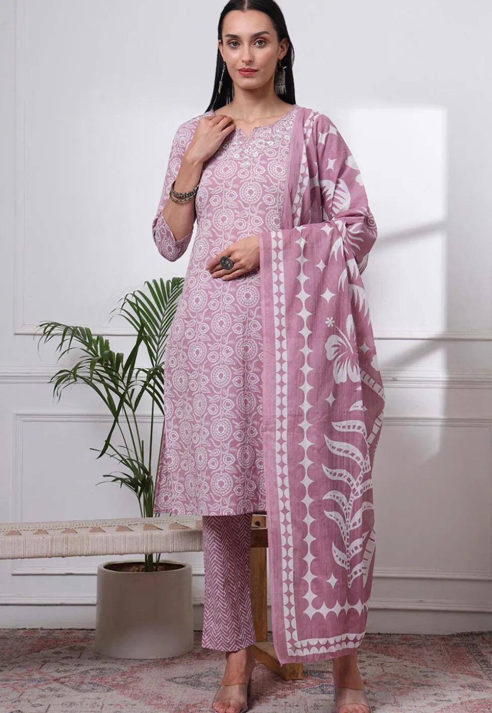 Printed Pure Cotton Pakistani Suit in Light Purple