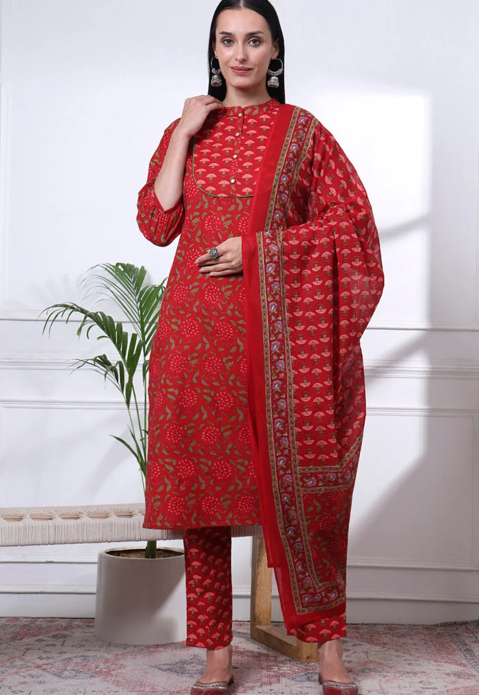 Printed Pure Cotton Pakistani Suit in Red