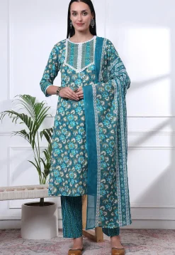 Printed Pure Cotton Pakistani Suit in Turquoise