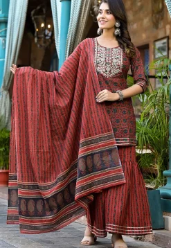 Printed Pure Cotton Pakistani Suit in Rust