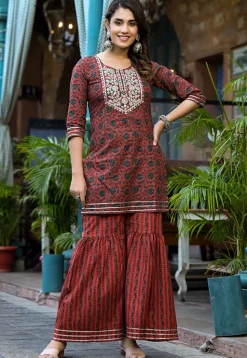 Printed Pure Cotton Pakistani Suit in Rust
