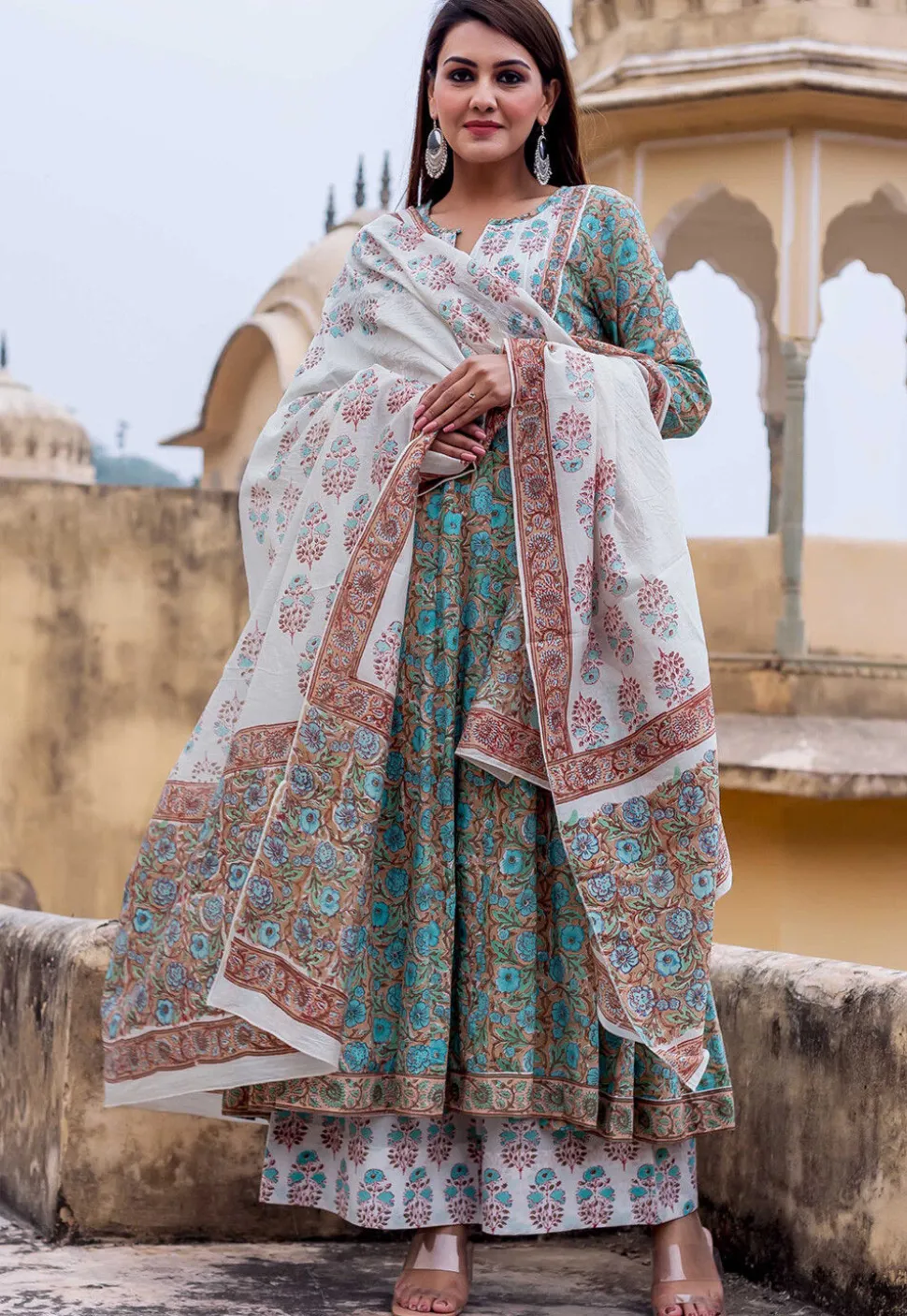 Printed Pure Cotton Pakistani Suit in Peach and Blue