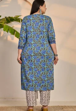 Printed Pure Cotton Pakistani Suit in Light Green and Blue