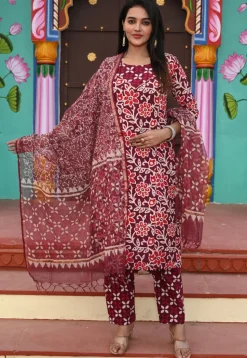 Printed Pure Cotton Pakistani Suit in Maroon