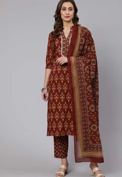 Printed Pure Cotton Pakistani Suit in Brown