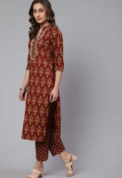 Printed Pure Cotton Pakistani Suit in Brown