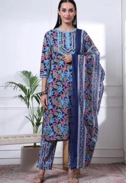 Printed Pure Cotton Pakistani Suit in Navy Blue