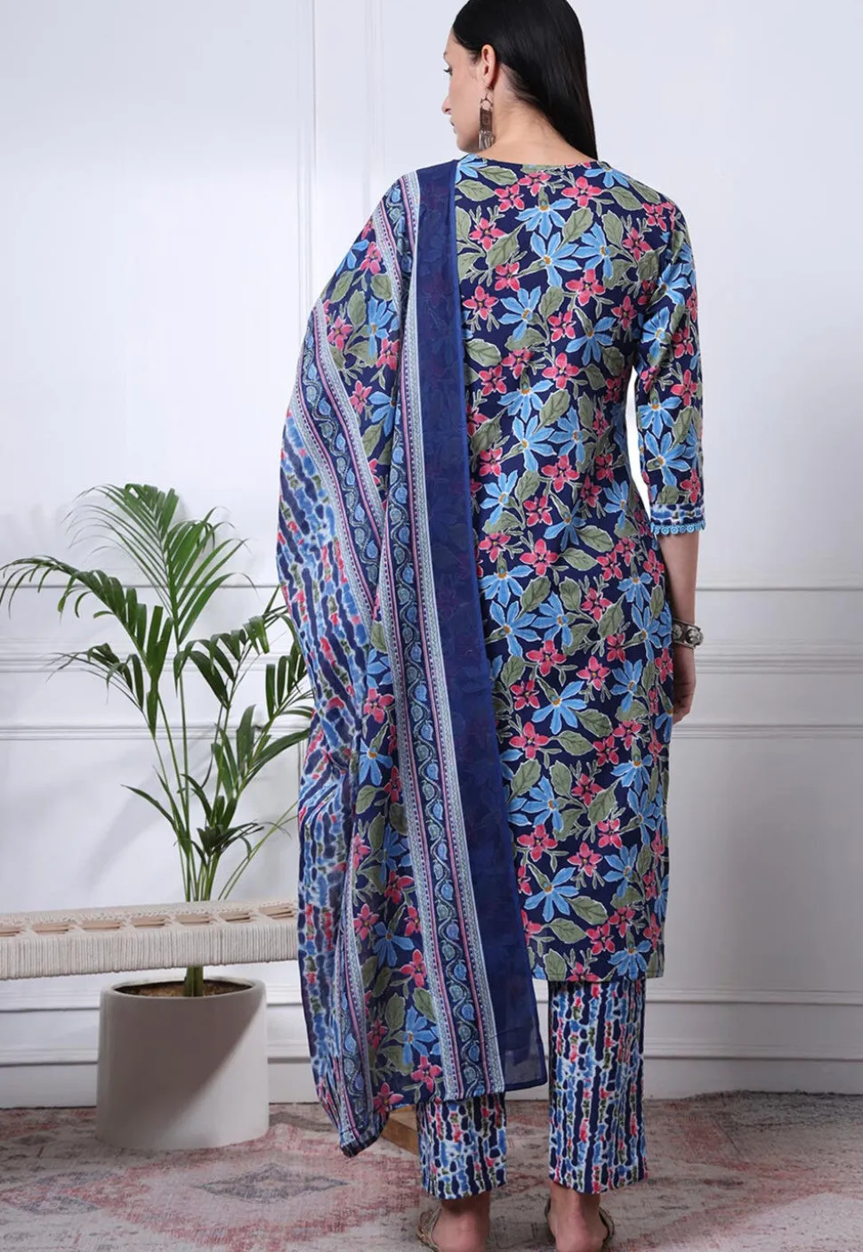 Printed Pure Cotton Pakistani Suit in Navy Blue