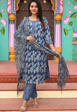 Printed Pure Cotton Pakistani Suit in Navy Blue