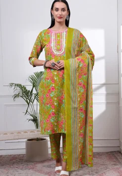 Printed Pure Cotton Pakistani Suit in Green