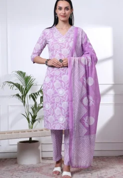 Printed Pure Cotton Pakistani Suit in Light Purple