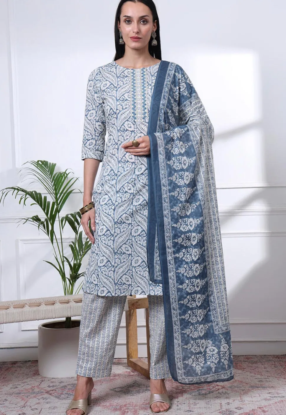 Printed Pure Cotton Pakistani Suit in Dusty Blue