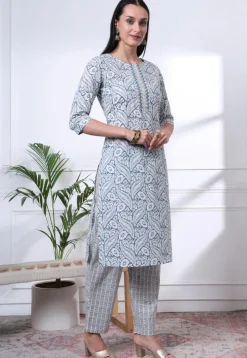 Printed Pure Cotton Pakistani Suit in Dusty Blue