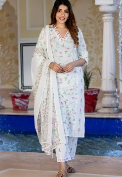 Printed Pure Cotton Pakistani Suit in White