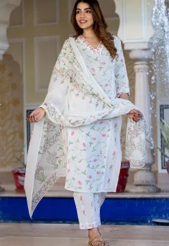 Printed Pure Cotton Pakistani Suit in White