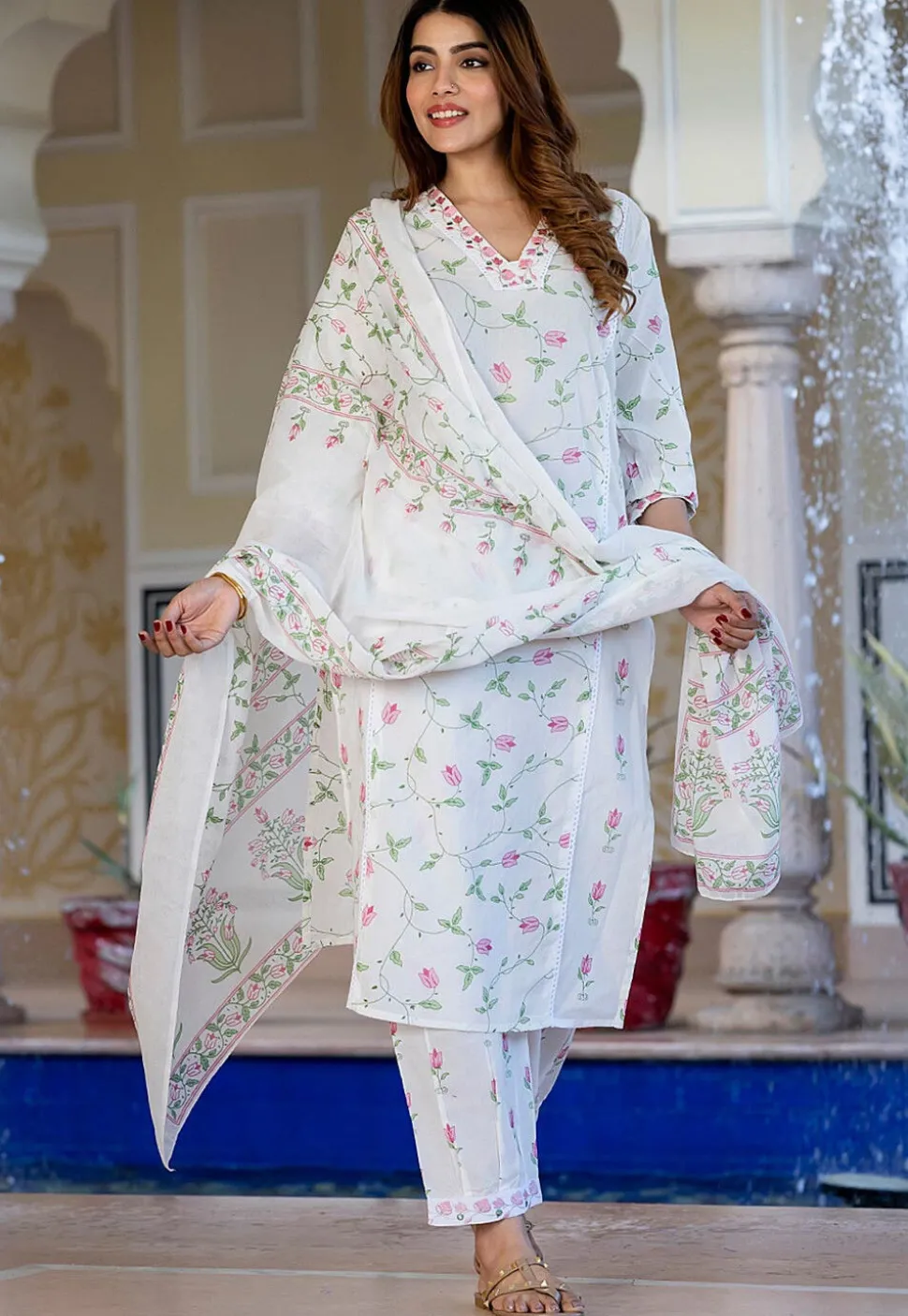 Printed Pure Cotton Pakistani Suit in White