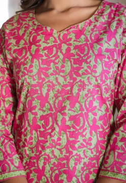 Printed Pure Cotton Pakistani Suit in Green and Pink