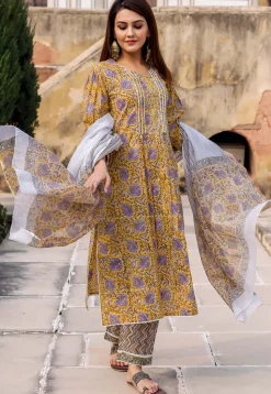 Printed Pure Cotton Pakistani Suit in Yellow