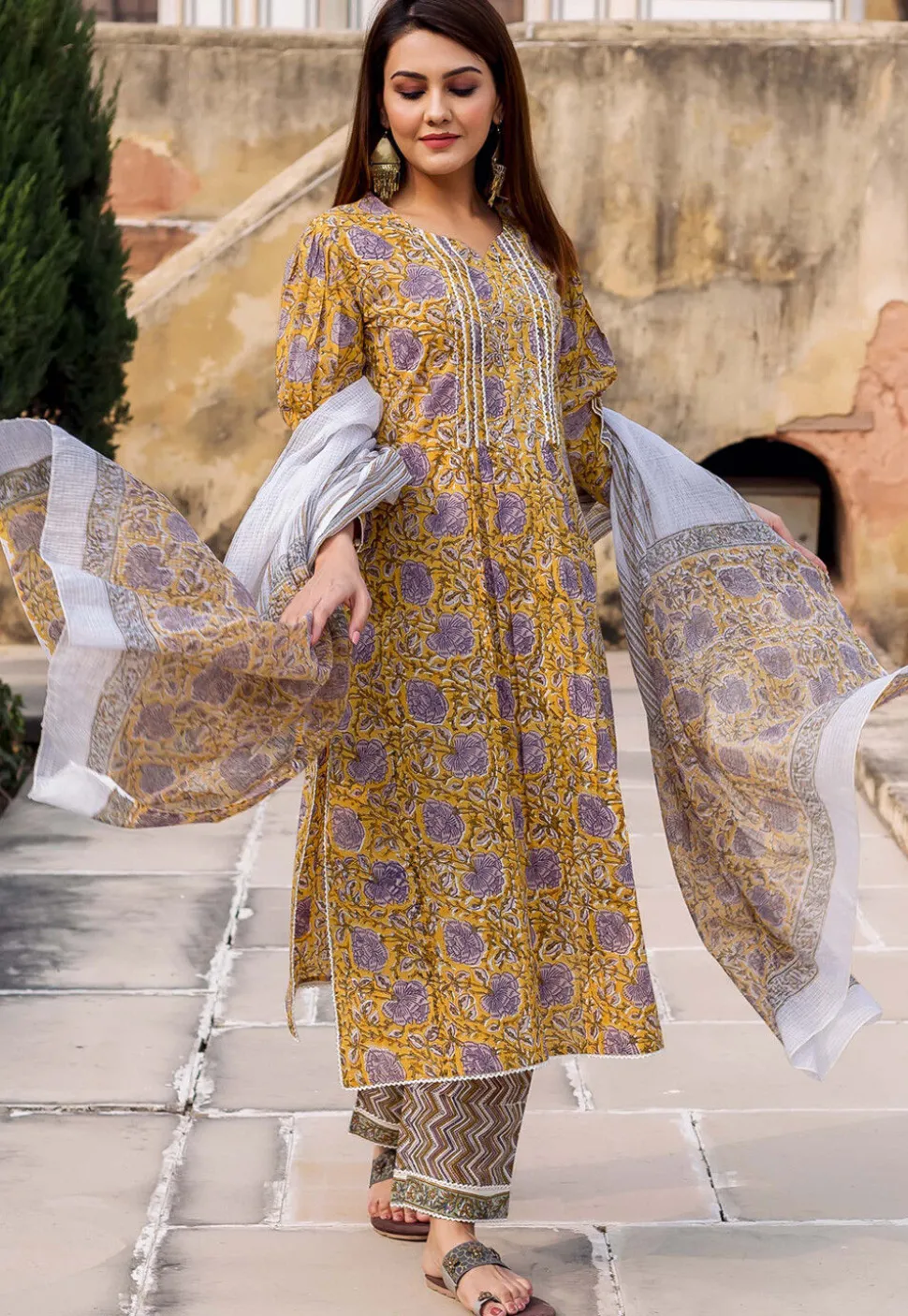 Printed Pure Cotton Pakistani Suit in Yellow