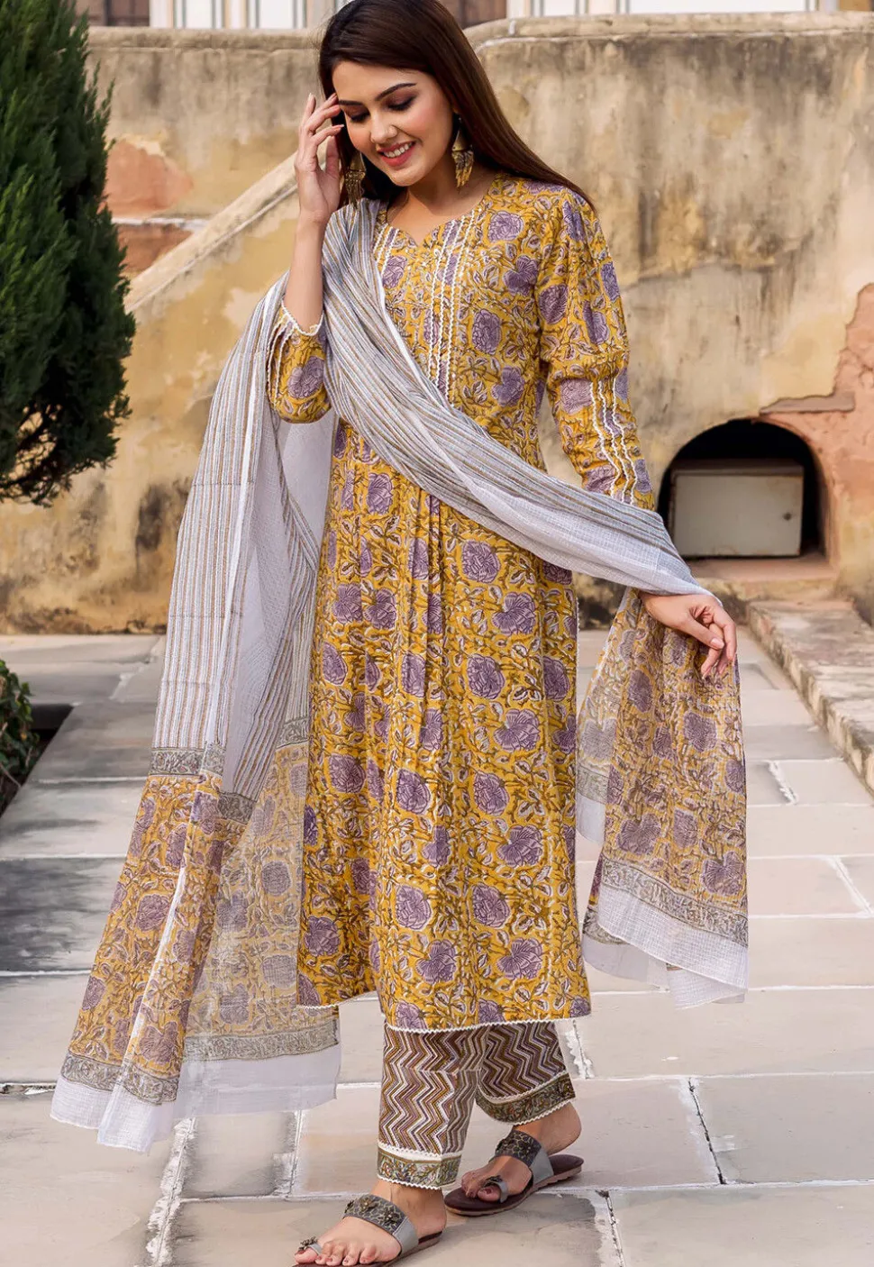 Printed Pure Cotton Pakistani Suit in Yellow