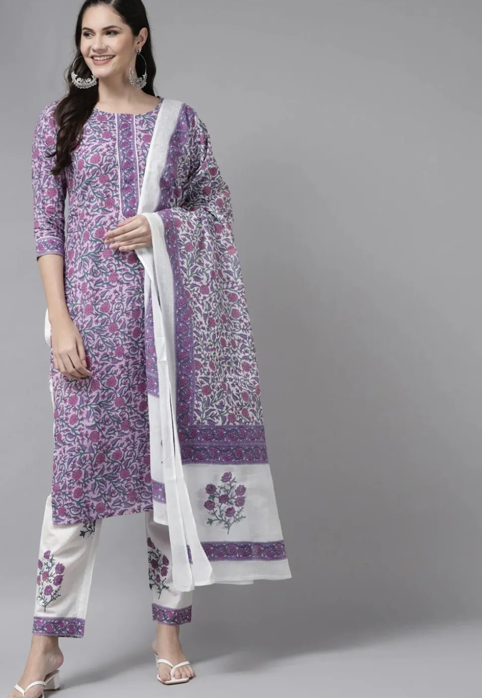 Printed Pure Cotton Pakistani Suit in Light Purple