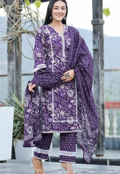Printed Pure Cotton Pakistani Suit in Purple