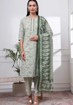 Printed Pure Cotton Pakistani Suit in Dusty Green