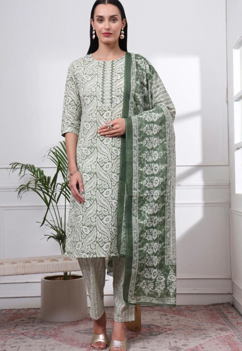 Printed Pure Cotton Pakistani Suit in Dusty Green