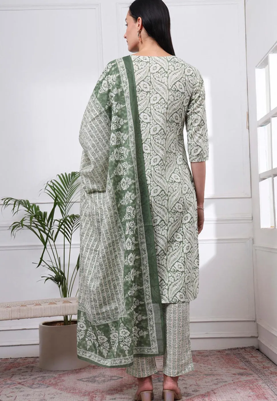 Printed Pure Cotton Pakistani Suit in Dusty Green